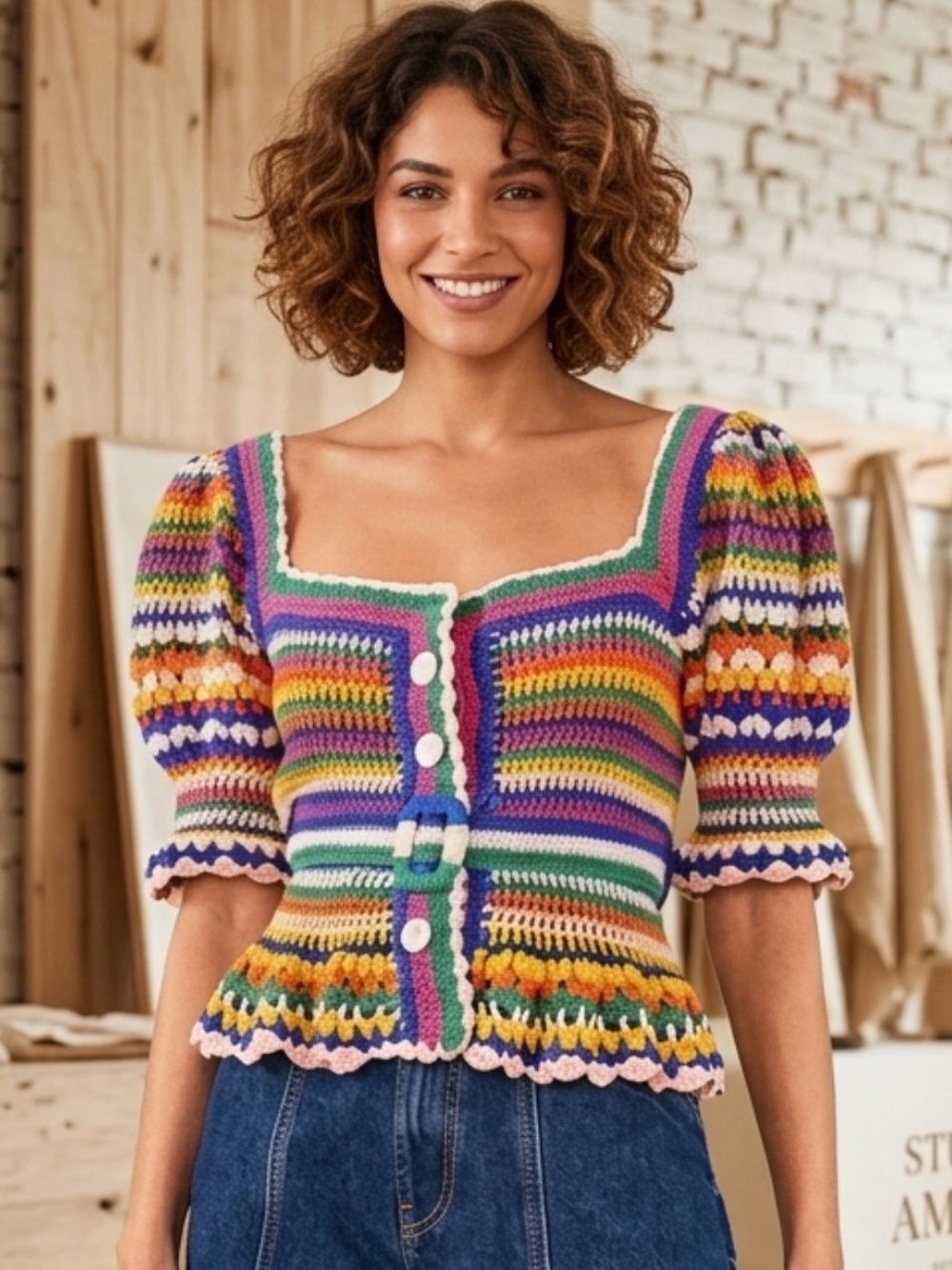 FARM Rio Multicolor Crocheted Puff-Sleeve Peplum Top